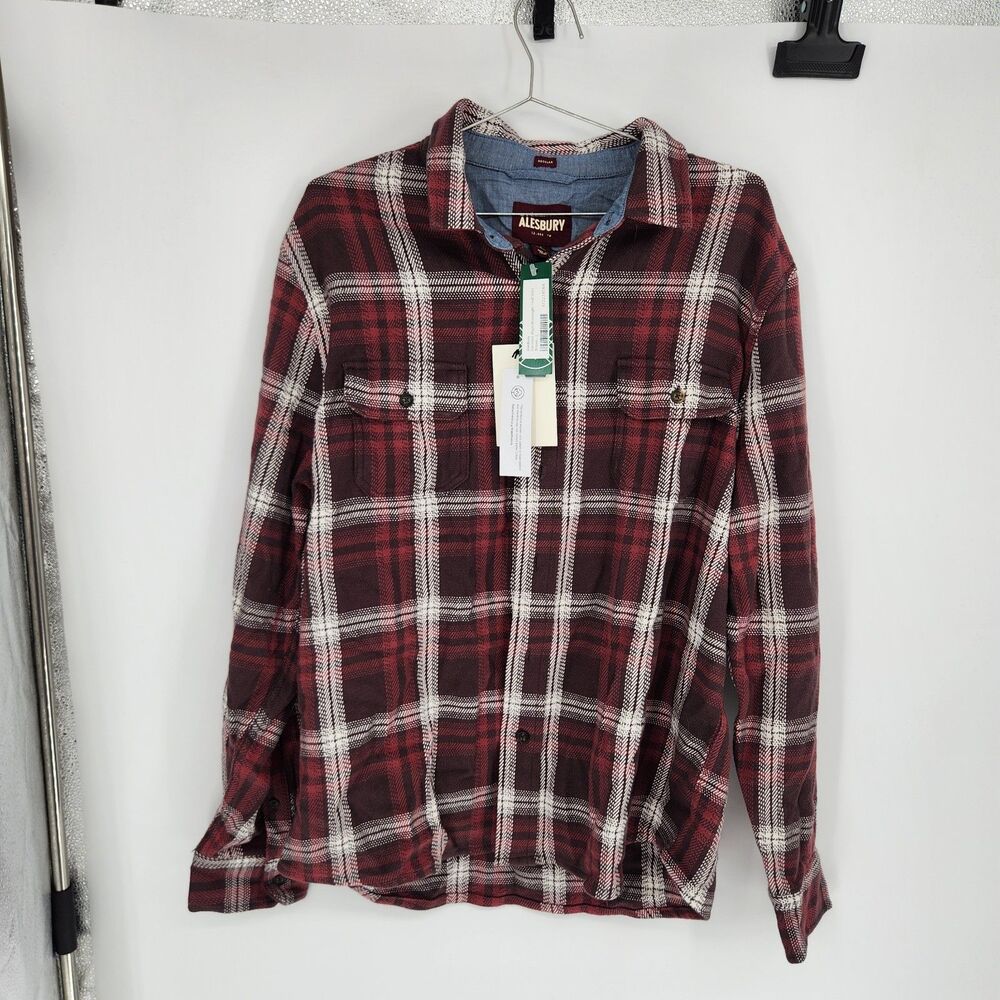Alesbury Men's Brown Large Plaid Garment Wash Midweight Twill Shirt NWT